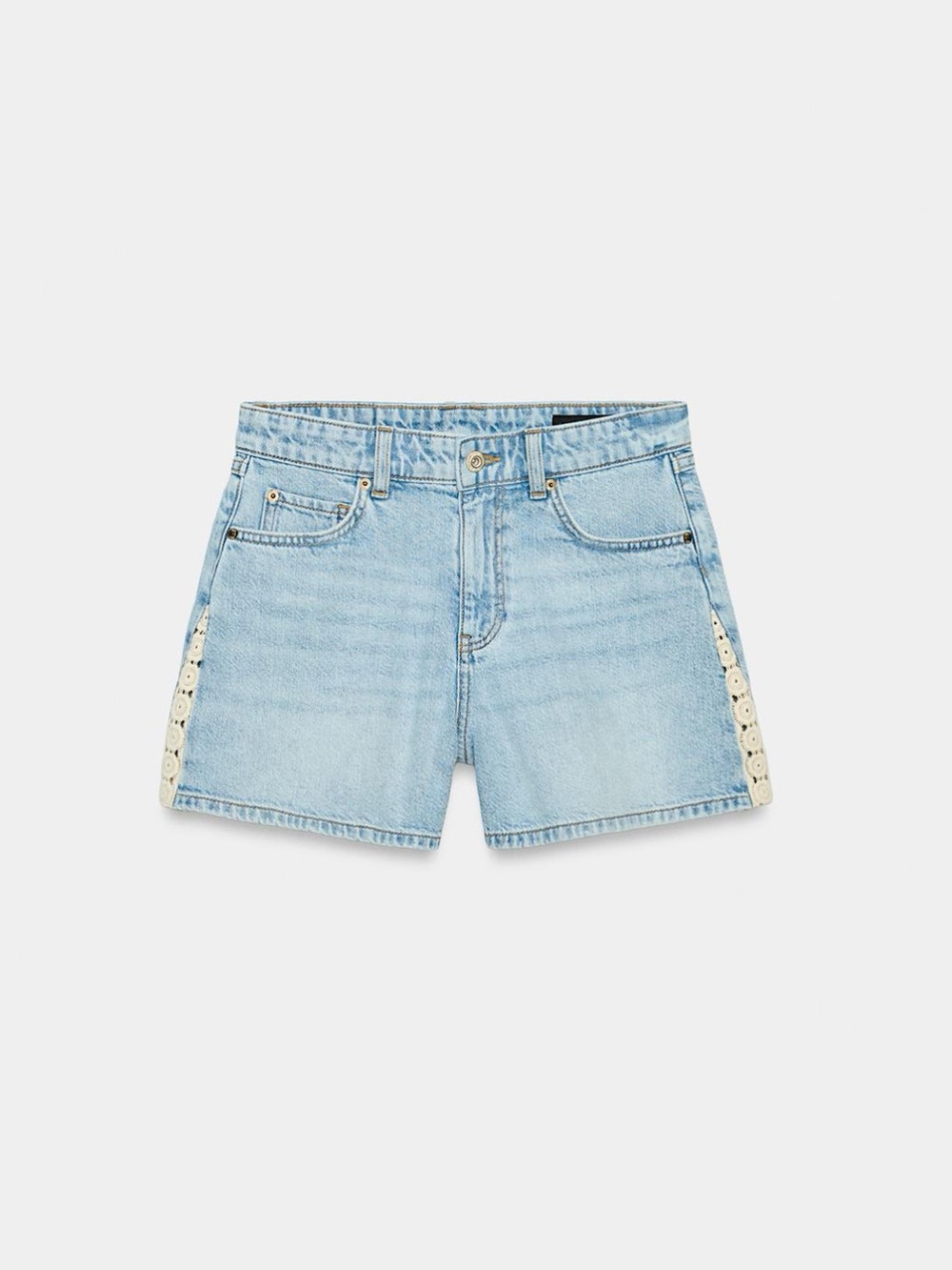 Zara Light Blue Denim Shorts with Cream Lace Side Trim